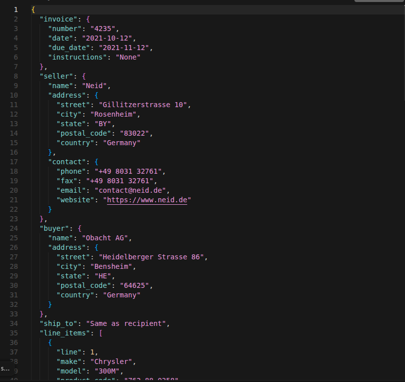 Extracted data output as structured JSON ready for Excel or PowerPoint