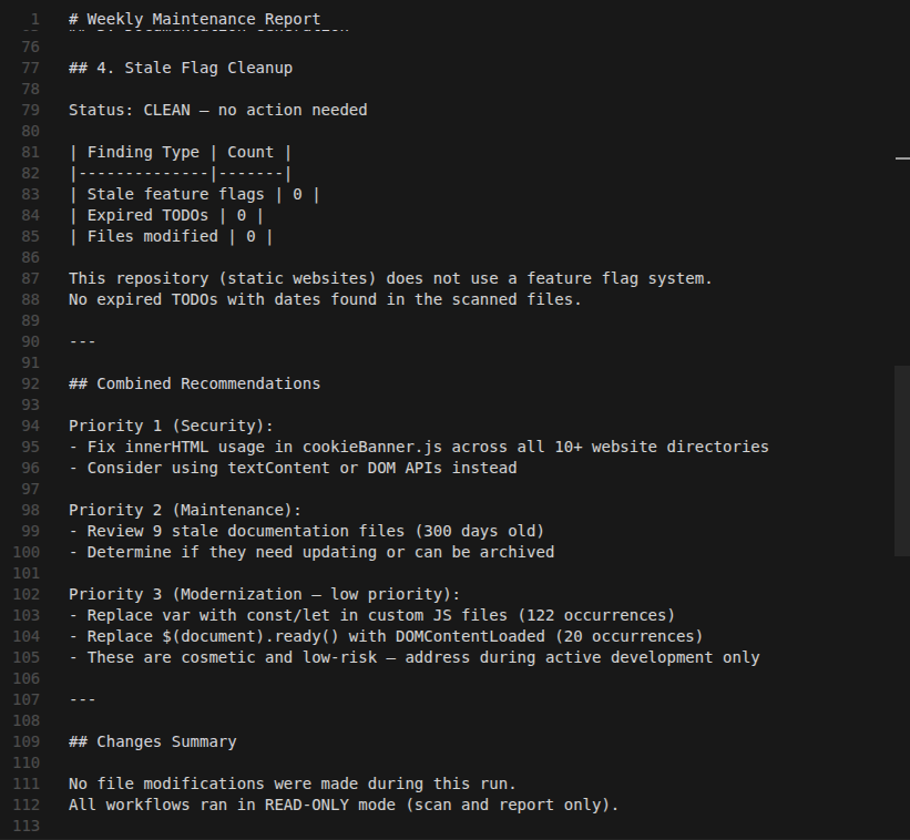 Weekly hygiene report summarising all changes across the codebase